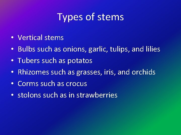 Types of stems • • • Vertical stems Bulbs such as onions, garlic, tulips,