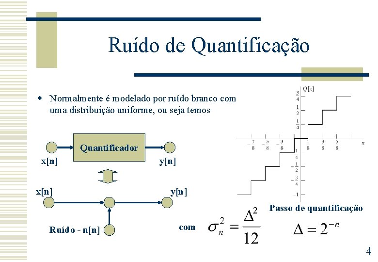 Ruído de Quantificação w Normalmente é modelado por ruído branco com uma distribuição uniforme,