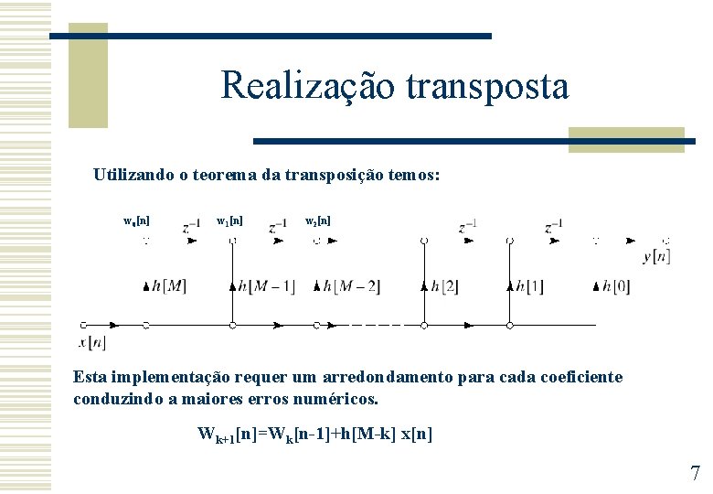 Realização transposta Utilizando o teorema da transposição temos: w 0[n] w 1[n] w 2[n]