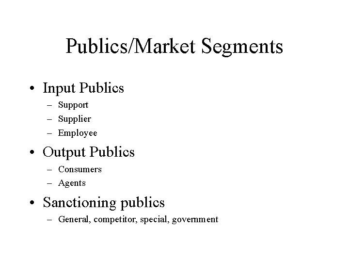 Publics/Market Segments • Input Publics – Support – Supplier – Employee • Output Publics