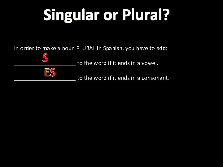 Singular or Plural? In order to make a noun PLURAL in Spanish, you have
