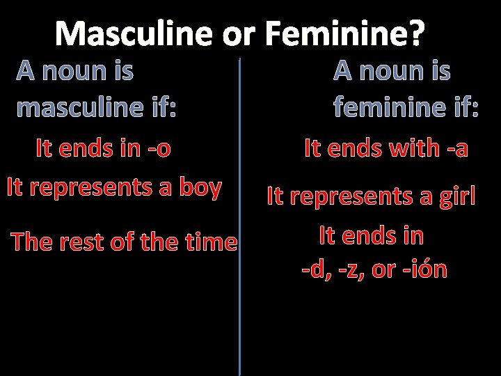 Masculine or Feminine? A noun is masculine if: It ends in -o It represents