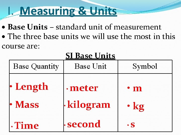 I. Measuring & Units Base Units – standard unit of measurement The three base I. Measuring & Units Base Units – standard unit of measurement The three base