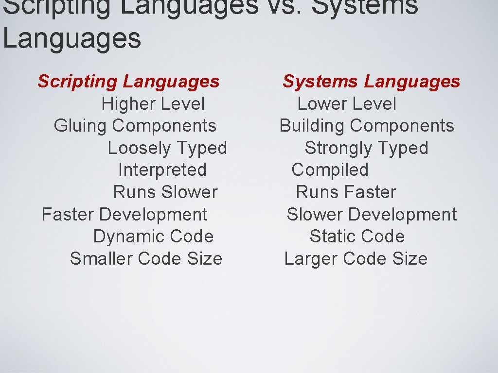 Scripting Languages vs. Systems Languages Scripting Languages Higher Level Gluing Components Loosely Typed Interpreted Scripting Languages vs. Systems Languages Scripting Languages Higher Level Gluing Components Loosely Typed Interpreted