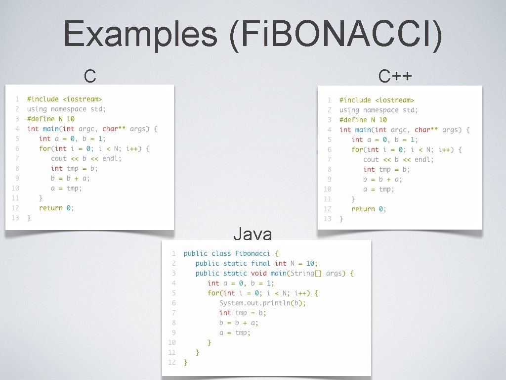 Examples (Fi. BONACCI) C C++ Java Examples (Fi. BONACCI) C C++ Java