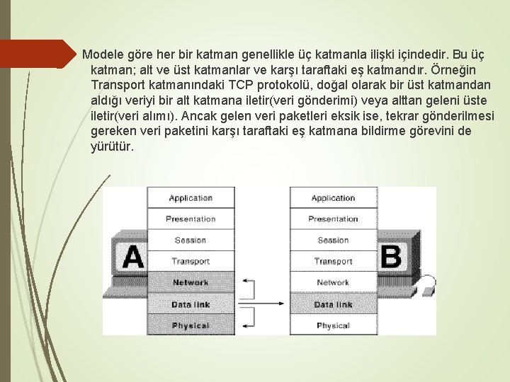 Modele göre her bir katman genellikle üç katmanla ilişki içindedir. Bu üç katman; alt