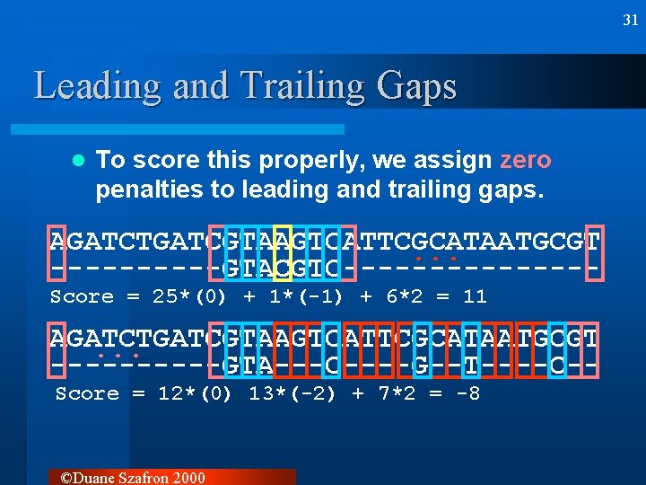 31 Leading and Trailing Gaps l To score this properly, we assign zero penalties 31 Leading and Trailing Gaps l To score this properly, we assign zero penalties