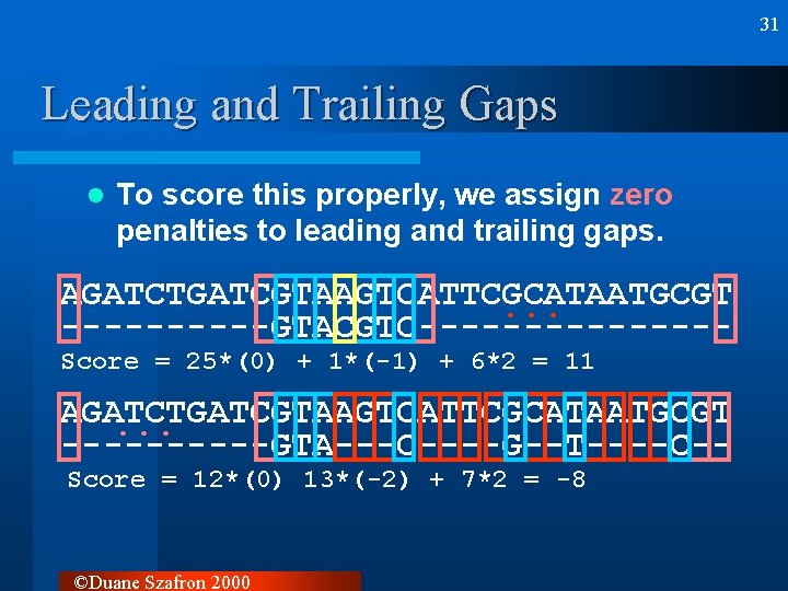 31 Leading and Trailing Gaps l To score this properly, we assign zero penalties