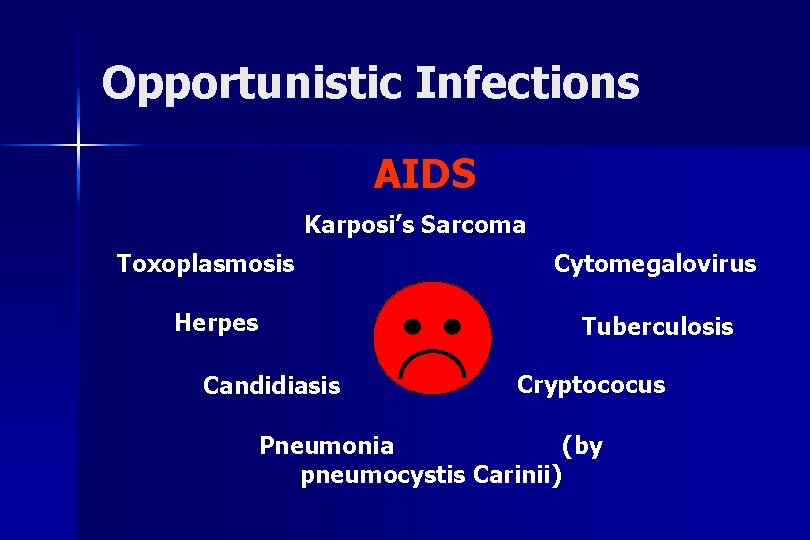 Opportunistic Infections AIDS Karposi’s Sarcoma Toxoplasmosis Herpes Candidiasis Cytomegalovirus Tuberculosis Cryptococus Pneumonia (by pneumocystis
