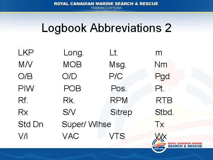 Logbook Abbreviations 2 LKP M/V O/B PIW Rf. Rx Std Dn V/l Long. Lt.