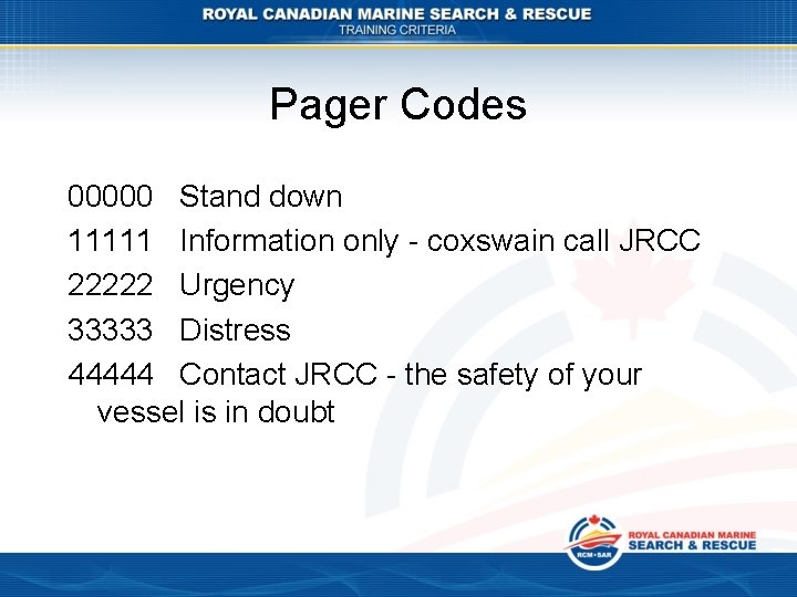 Pager Codes 00000 Stand down 11111 Information only - coxswain call JRCC 22222 Urgency