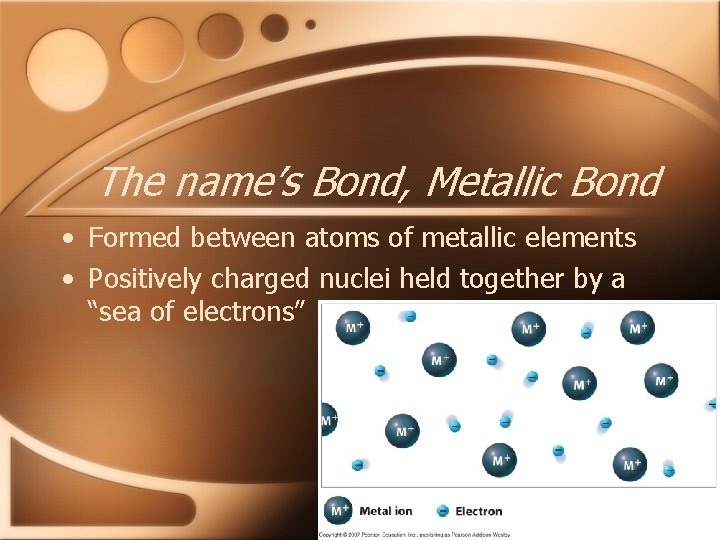 The name’s Bond, Metallic Bond • Formed between atoms of metallic elements • Positively