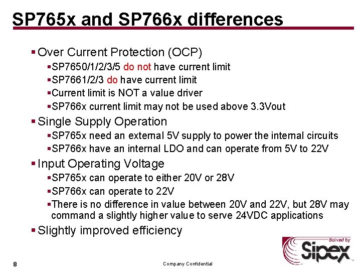 SP 765 x and SP 766 x differences § Over Current Protection (OCP) §SP