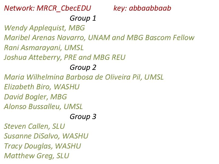 Network: MRCR_Cbec. EDU key: abbaab Group 1 Wendy Applequist, MBG Maribel Arenas Navarro, UNAM