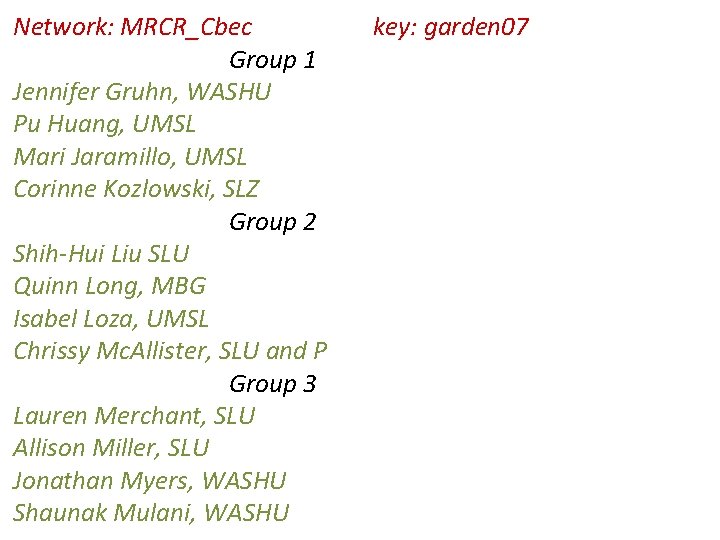 Network: MRCR_Cbec Group 1 Jennifer Gruhn, WASHU Pu Huang, UMSL Mari Jaramillo, UMSL Corinne