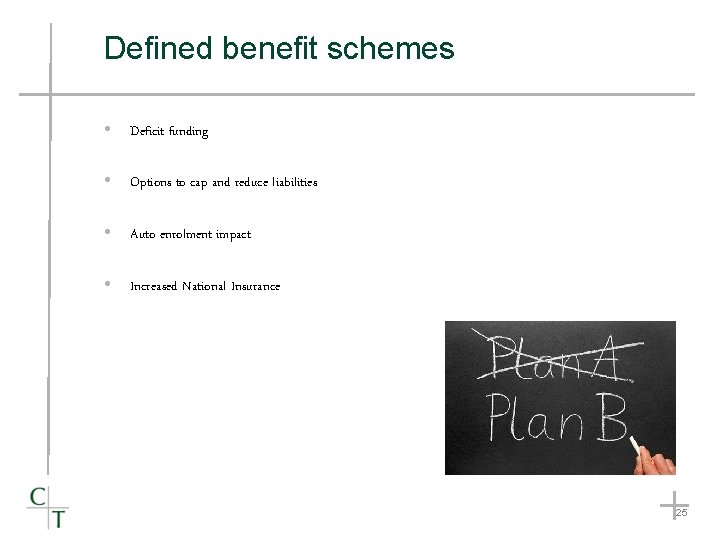 Defined benefit schemes Deficit funding Options to cap and reduce liabilities Auto enrolment impact Defined benefit schemes Deficit funding Options to cap and reduce liabilities Auto enrolment impact