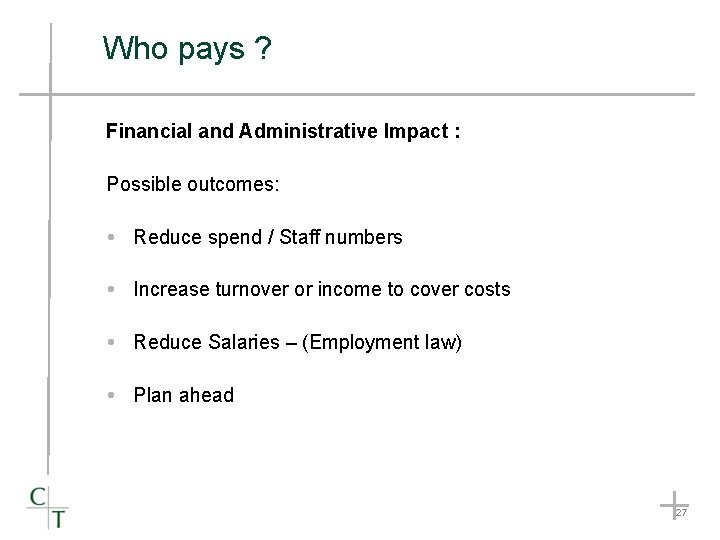 Who pays ? Financial and Administrative Impact : Possible outcomes: Reduce spend / Staff Who pays ? Financial and Administrative Impact : Possible outcomes: Reduce spend / Staff