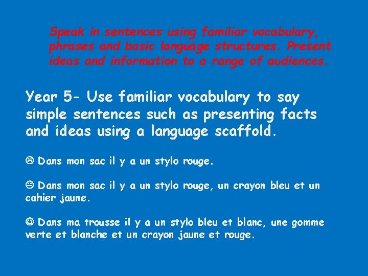 Speak in sentences using familiar vocabulary, phrases and basic language structures. Present ideas and