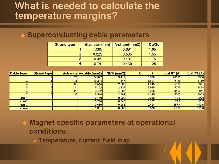 What is needed to calculate the temperature margins? u Superconducting cable parameters u Magnet