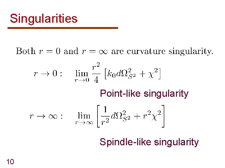 Singularities Point-like singularity Spindle-like singularity 10 