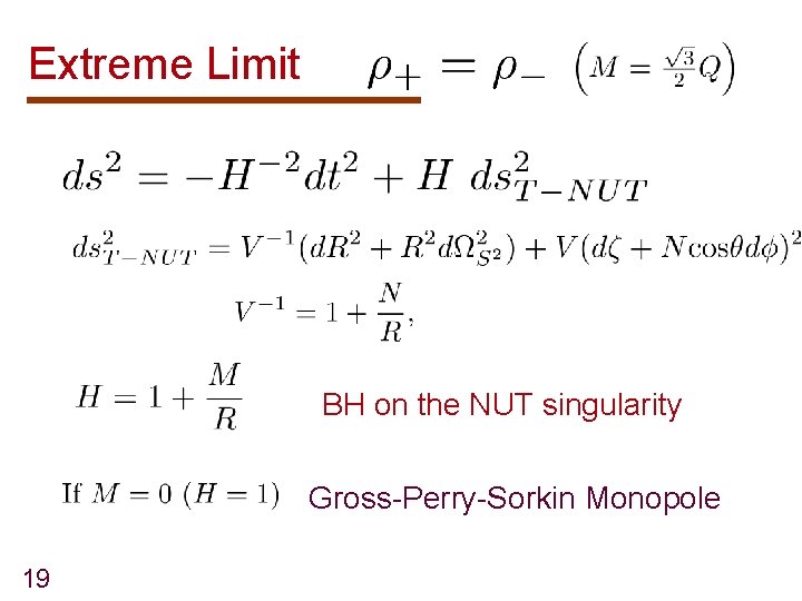 Extreme Limit BH on the NUT singularity Gross-Perry-Sorkin Monopole 19 