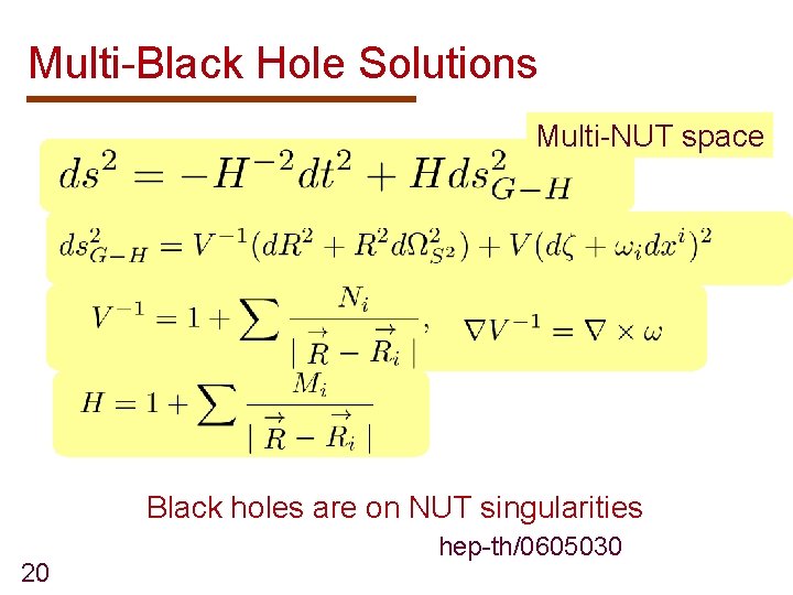 Multi-Black Hole Solutions Multi-NUT space Black holes are on NUT singularities 20 hep-th/0605030 