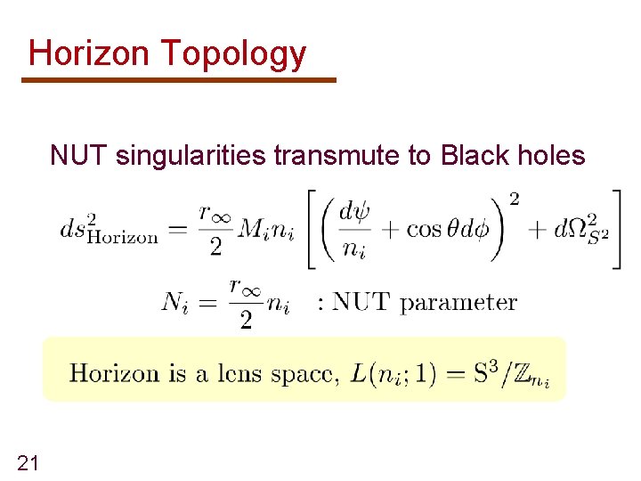 Horizon Topology NUT singularities transmute to Black holes 21 