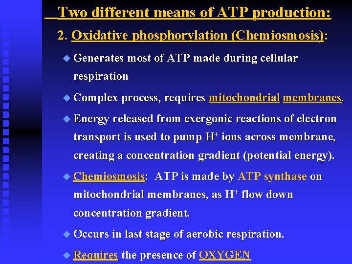 Two different means of ATP production: 2. Oxidative phosphorylation (Chemiosmosis): u Generates most of