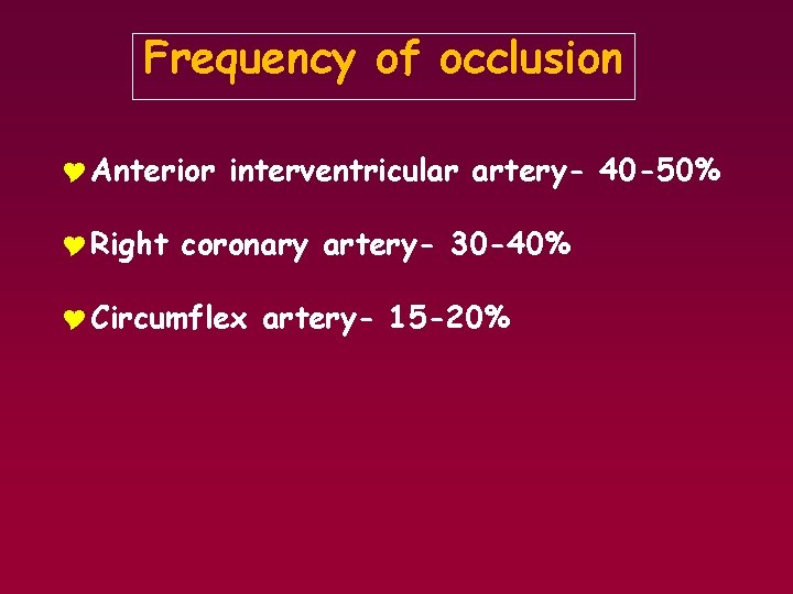 Frequency of occlusion Y Anterior interventricular artery- 40 -50% Y Right coronary artery- 30