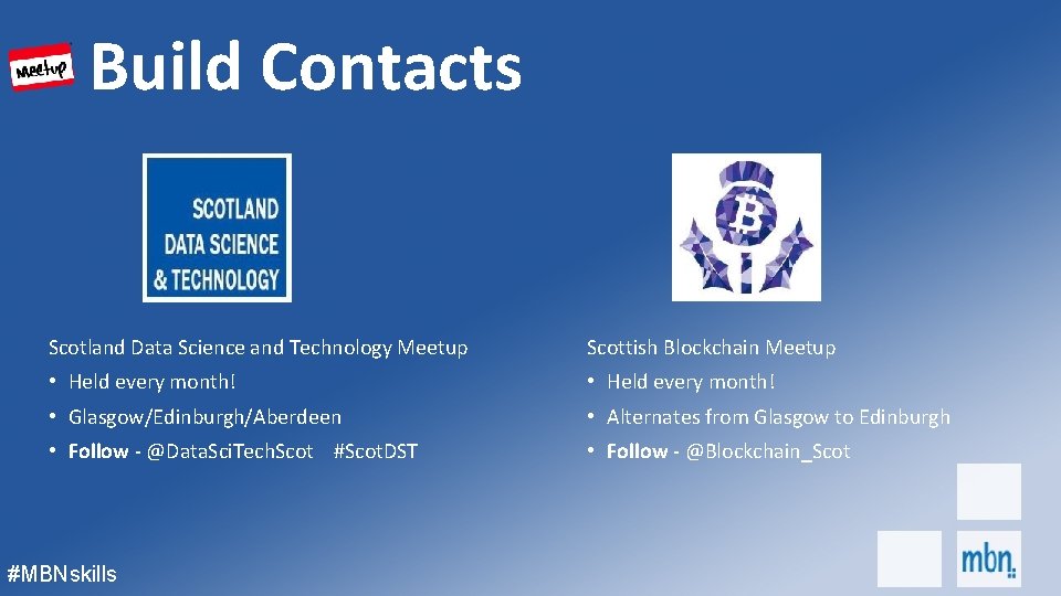 Build Contacts Scotland Data Science and Technology Meetup Scottish Blockchain Meetup • Held every