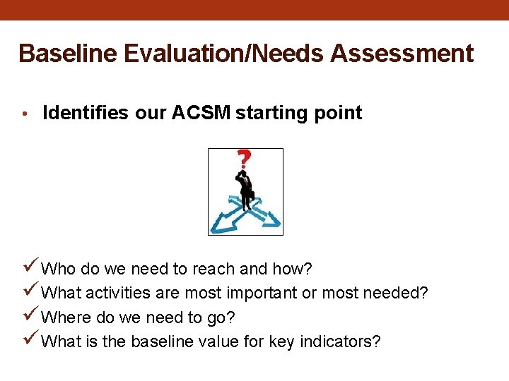 Baseline Evaluation/Needs Assessment • Identifies our ACSM starting point ü Who do we need Baseline Evaluation/Needs Assessment • Identifies our ACSM starting point ü Who do we need