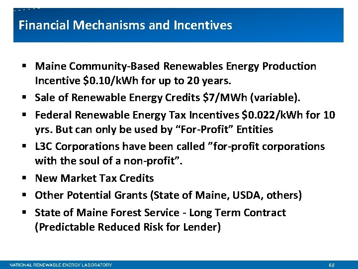 Financial Mechanisms and Incentives § Maine Community-Based Renewables Energy Production Incentive $0. 10/k. Wh
