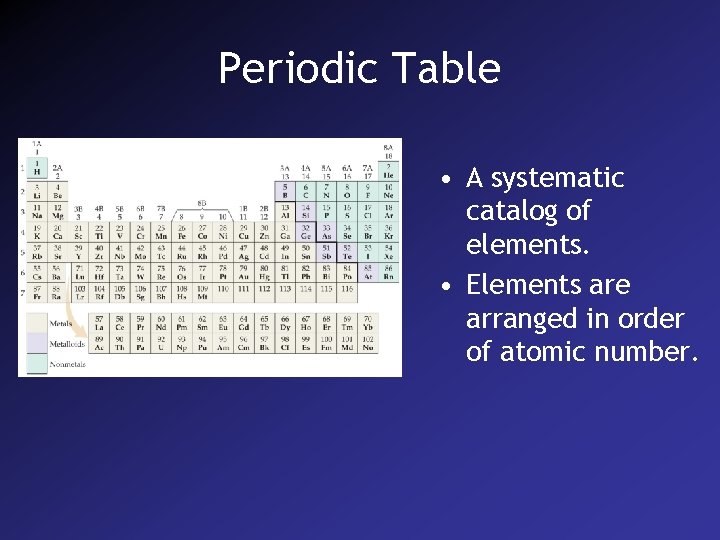 Periodic Table • A systematic catalog of elements. • Elements are arranged in order