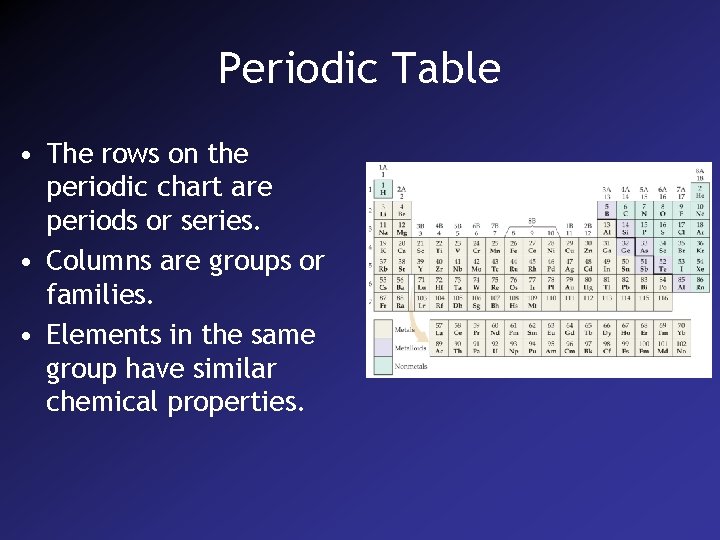 Periodic Table • The rows on the periodic chart are periods or series. •