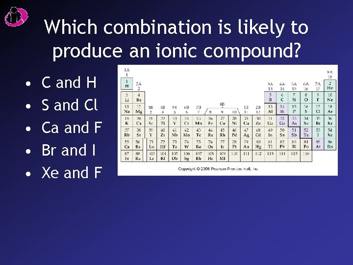 Which combination is likely to produce an ionic compound? • • • C and
