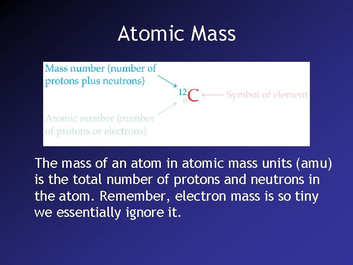 Atomic Mass The mass of an atom in atomic mass units (amu) is the