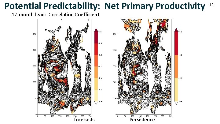 Potential Predictability: Net Primary Productivity 12 -month lead: Correlation Coefficient forecasts Persistence 10 