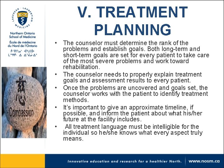 V. TREATMENT PLANNING • The counselor must determine the rank of the problems and