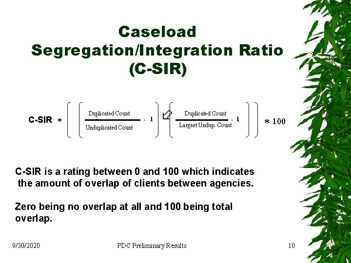 Caseload Segregation/Integration Ratio (C-SIR) C-SIR = Duplicated Count - 1 Unduplicated Count Duplicated Count