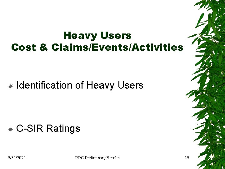 Heavy Users Cost & Claims/Events/Activities Identification of Heavy Users C-SIR Ratings 9/30/2020 PDC Preliminary