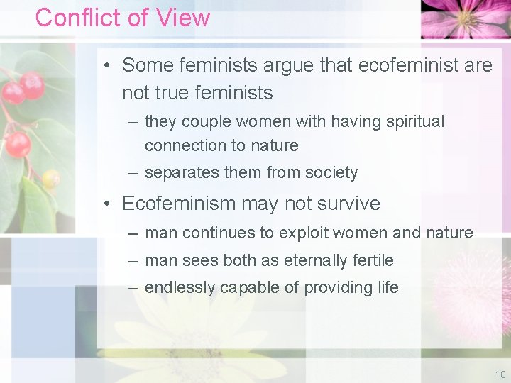 Conflict of View • Some feminists argue that ecofeminist are not true feminists –