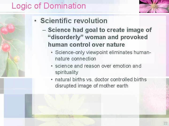 Logic of Domination • Scientific revolution – Science had goal to create image of