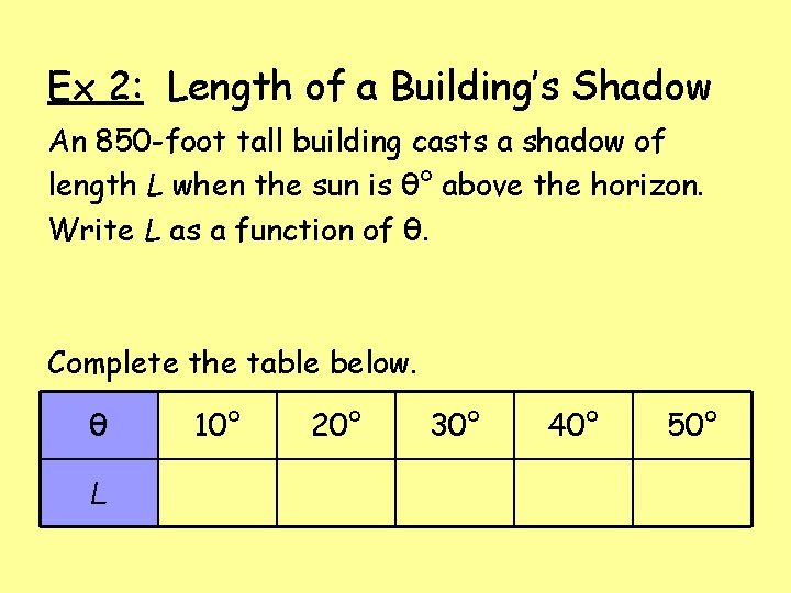 Ex 2: Length of a Building’s Shadow An 850 -foot tall building casts a