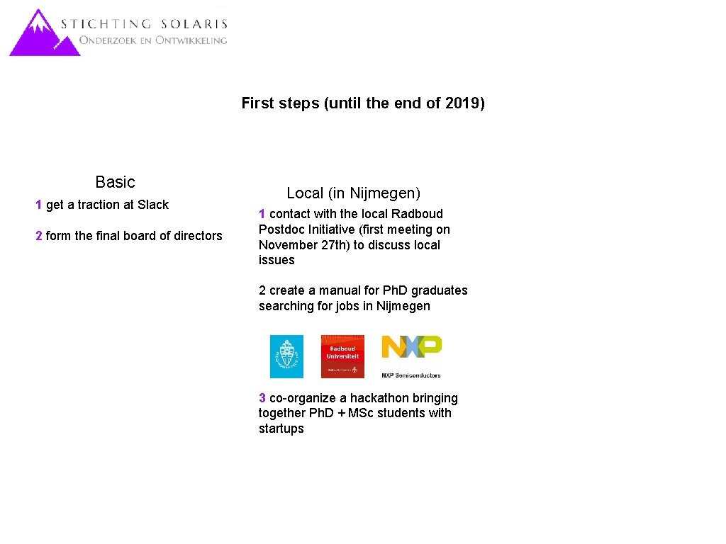 First steps (until the end of 2019) Basic 1 get a traction at Slack