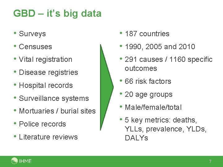 GBD – it’s big data • Surveys • Censuses • Vital registration • Disease