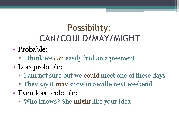 Possibility: CAN/COULD/MAY/MIGHT • Probable: ▫ I think we can easily find an agreement •