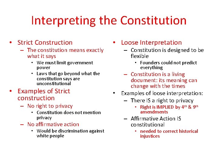 Interpreting the Constitution • Strict Construction – The constitution means exactly what it says