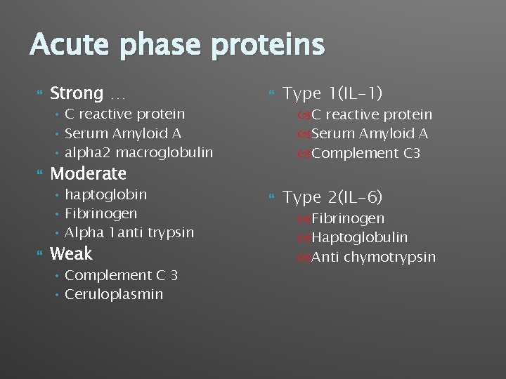 Acute phase proteins Strong … • C reactive protein • Serum Amyloid A •