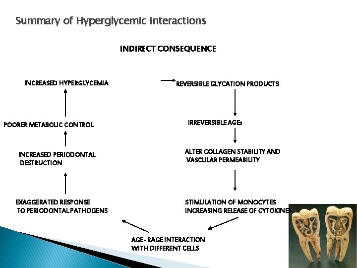 Summary of Hyperglycemic interactions INDIRECT CONSEQUENCE INCREASED HYPERGLYCEMIA POORER METABOLIC CONTROL INCREASED PERIODONTAL DESTRUCTION