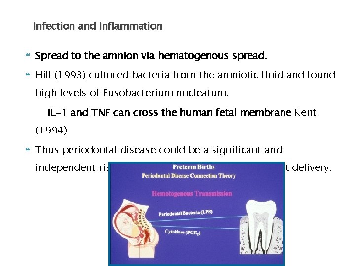 Infection and Inflammation Spread to the amnion via hematogenous spread. Hill (1993) cultured bacteria